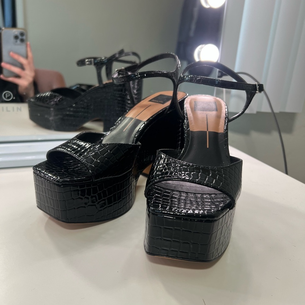 Black Croc-Embossed Platform Sandals
